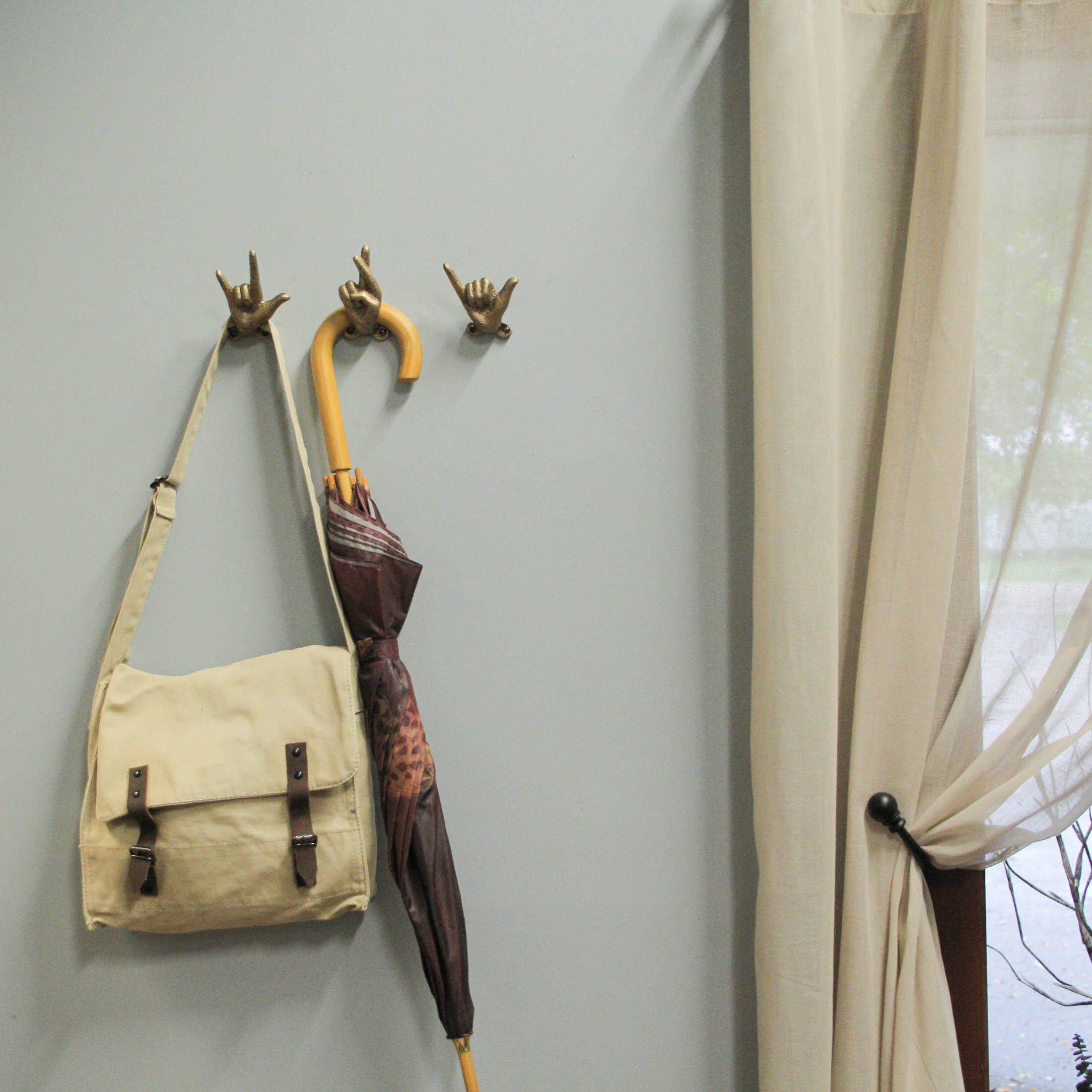 Alt View 4. Zeckos - Set of 6 Cast Iron Hand Gesture Hooks Gold Finish - Key, Towel, Jewelry Hangers - Gold.