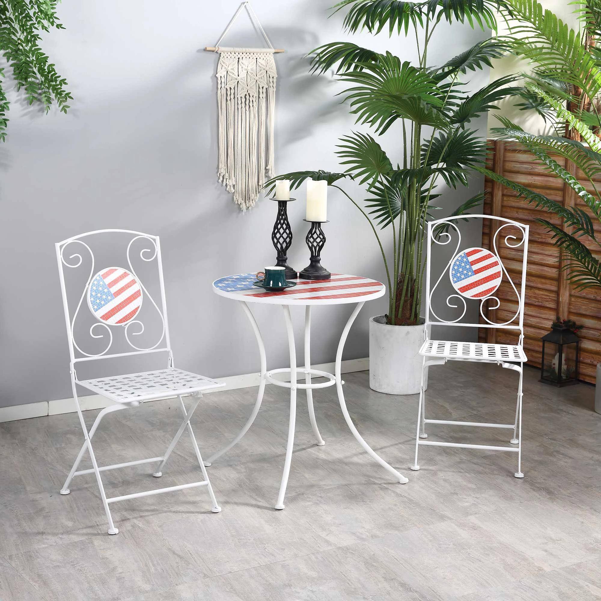 Alt View 7. Resenkos - Resenkos 3 Pieces Patio Bistro Set,USA Mosaic Table and Chairs,Folding Outdoor Furniture,Steel, Stone,White, Blue, Red - White, Blue, Red.