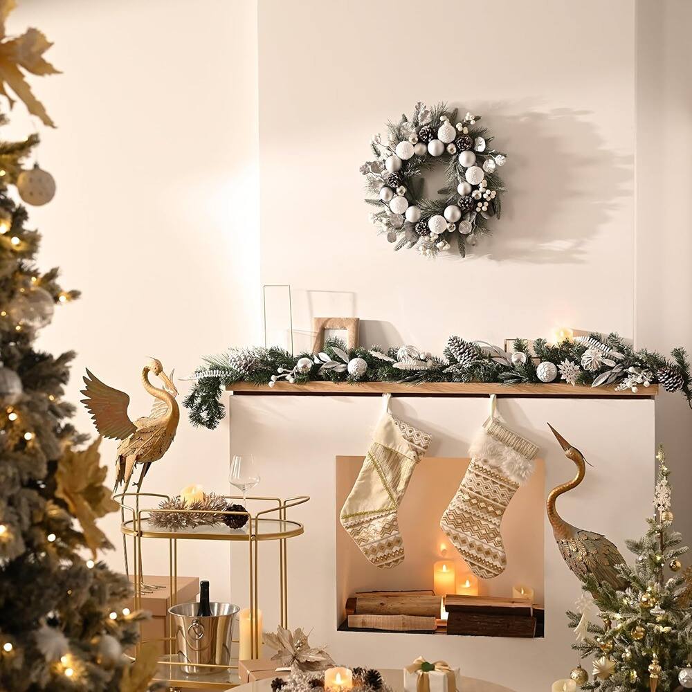 Angle. RTMB - 9 ft Pre-Lit Christmas Garland with Lights, Greenery w/ White Balls & Pinecones - Silver/White.