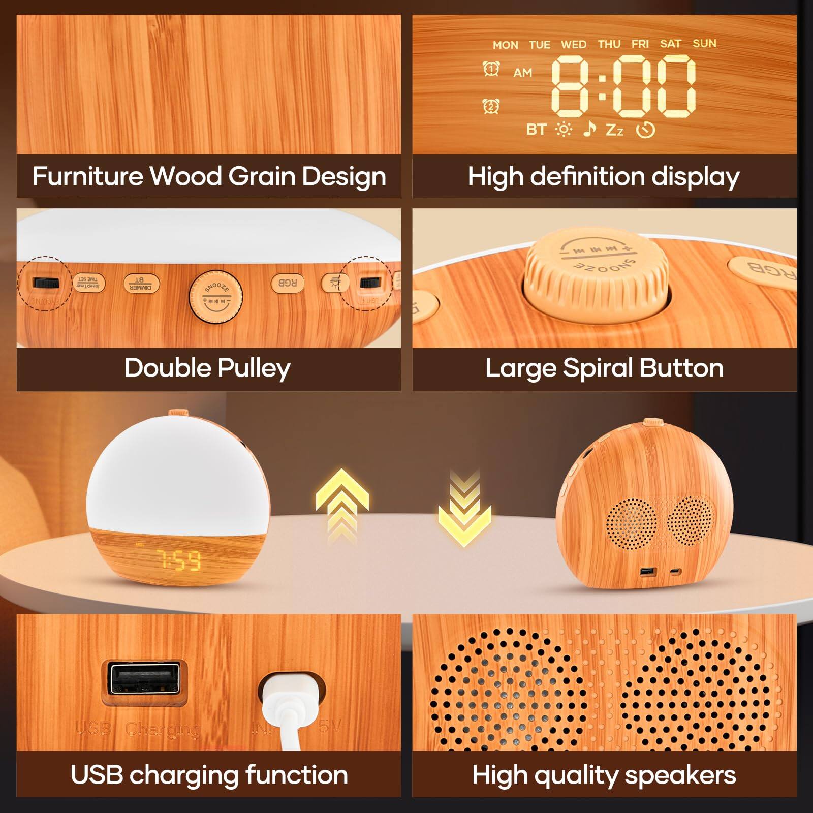 Furniture Wood Grain Design

High definition display

Double Pulley

Large Spiral Button

USB charging function

High quality speakers