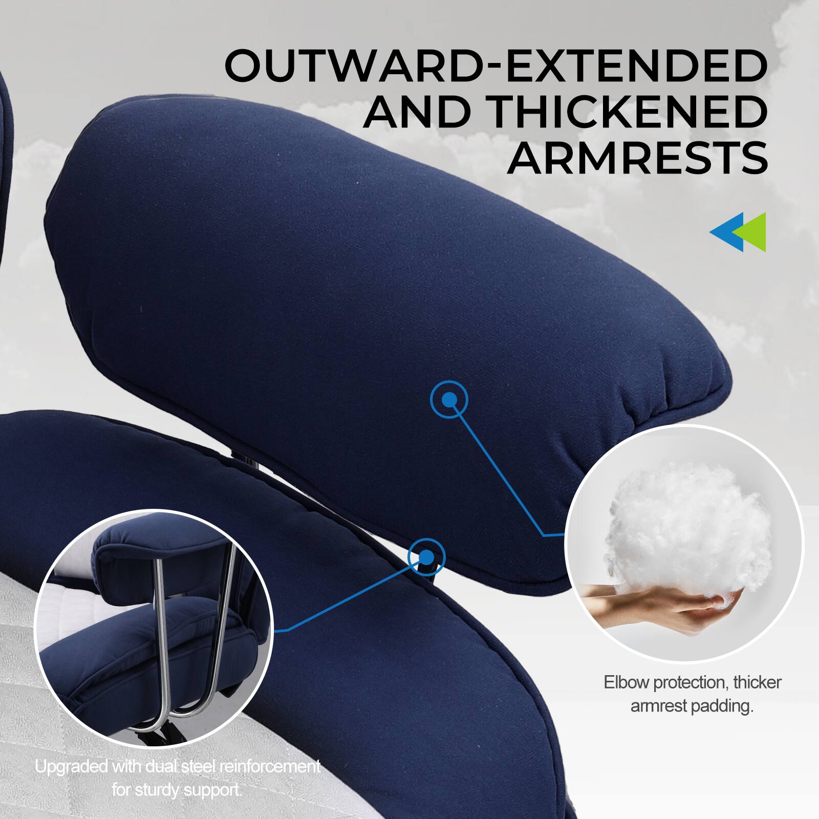 OUTWARD-EXTENDED AND THICKENED ARMRESTS

- Elbow protection, thicker armrest padding.
- Upgraded with dual steel reinforcement for sturdy support.