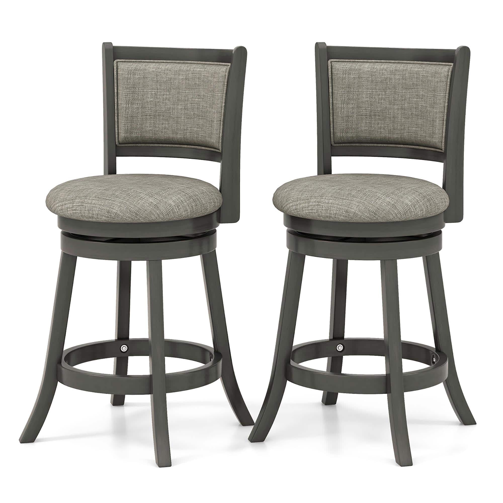 Gymax - Swivel Bar Stools Set of 2 w/ Soft-padded Back & Seat Sturdy Wooden Frame - Gray