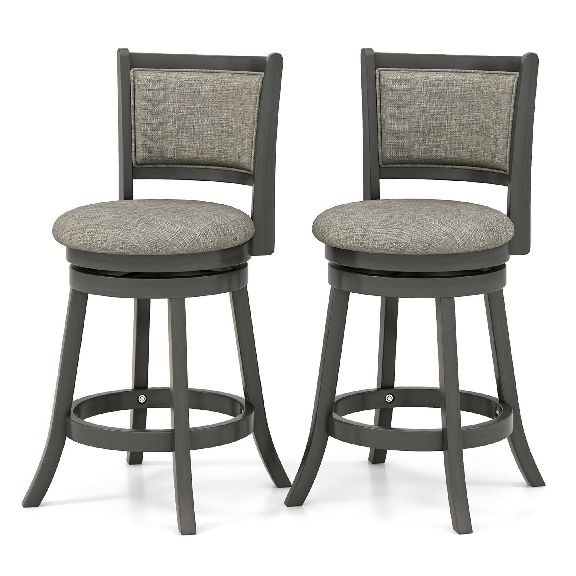 Gymax - Swivel Bar Stools Set of 2 w/ Soft-padded Back & Seat Sturdy Wooden Frame - Gray