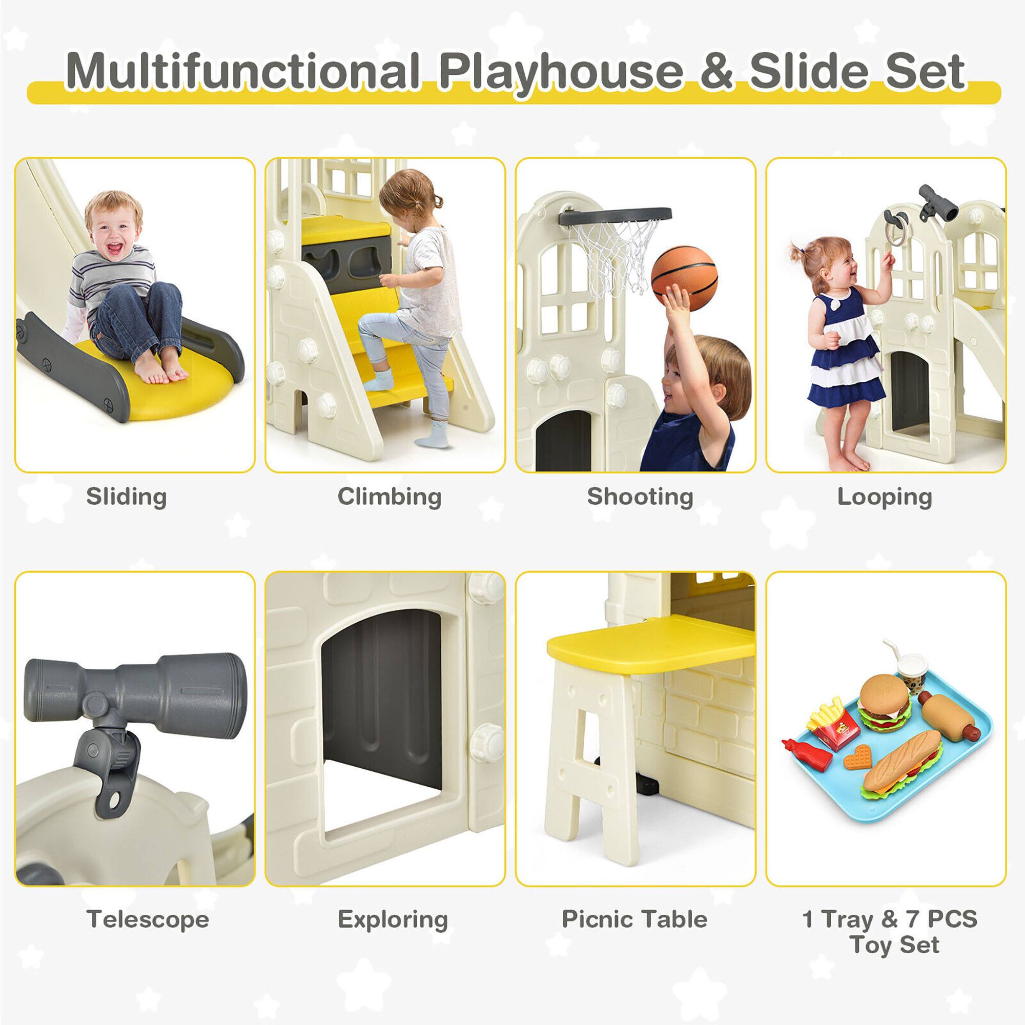 Multifunctional Playhouse & Slide Set

- Sliding
- Climbing
- Shooting
- Looping
- Telescope
- Exploring
- Picnic Table
- 1 Tray & 7 PCS Toy Set