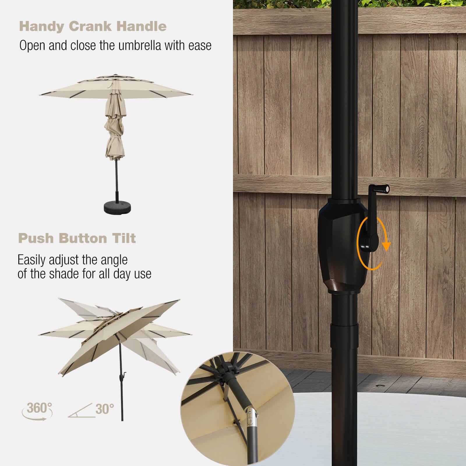 Handy Crank Handle Open and close the umbrella with ease
Push Button Tilt Easily adjust the angle of the shade for all day use
360 30