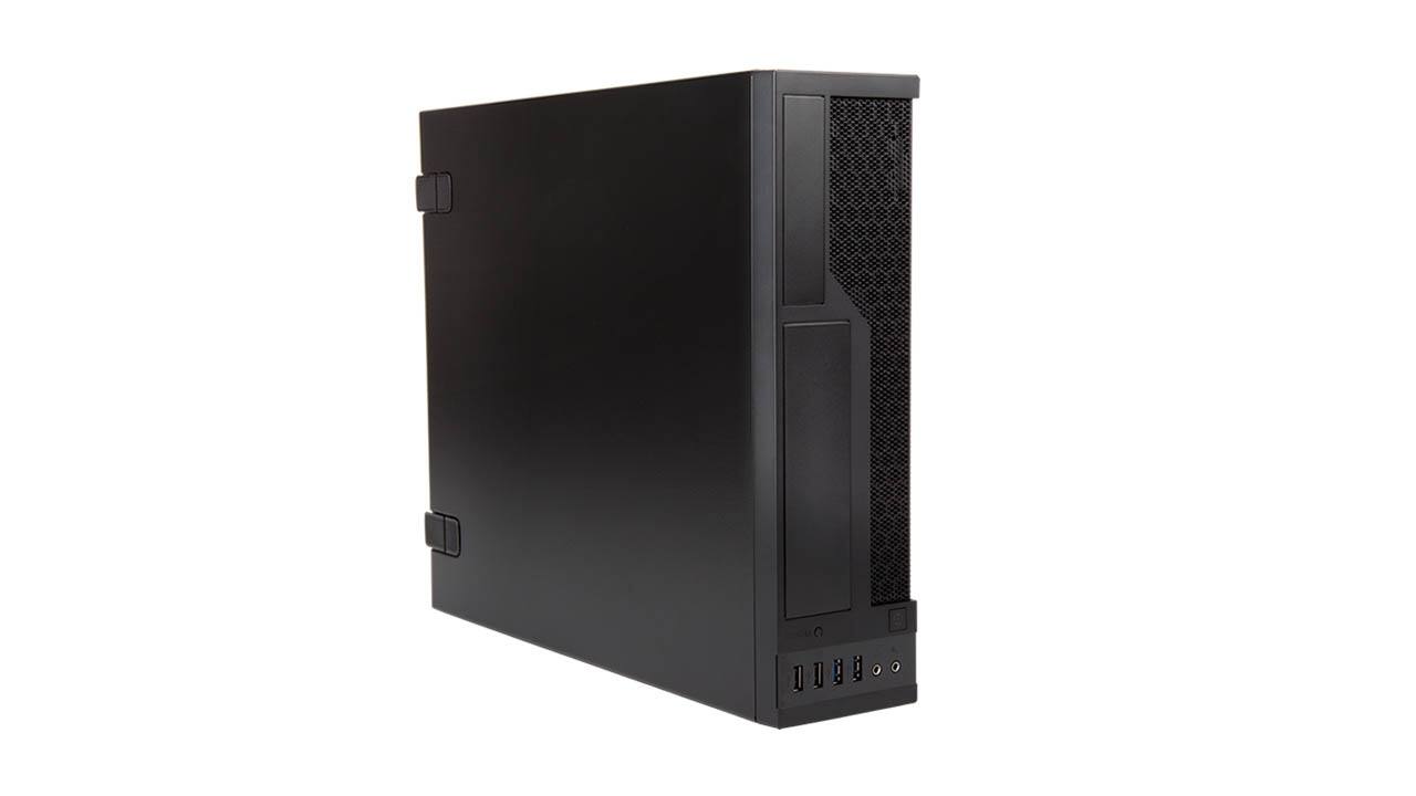 Front. In Win - CE685 Slim Micro-ATX Mini-ITX Small Form Factor Desktop with 450W TFX PS Pre-Installed, 11.9L, 90mm Front Fan - Black.