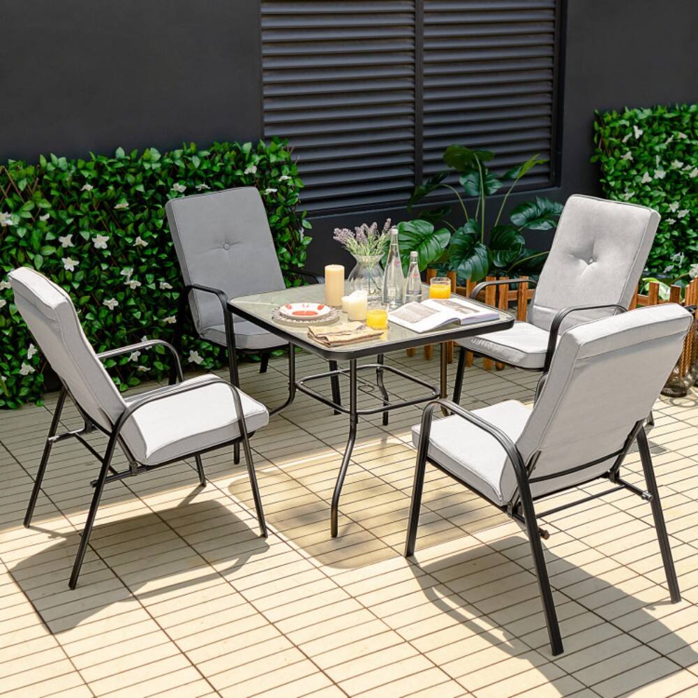 Mondawe - 5 Pieces Outdoor Dining Set with 4 Stackable Chair and High-Back Cushions - Black,grey