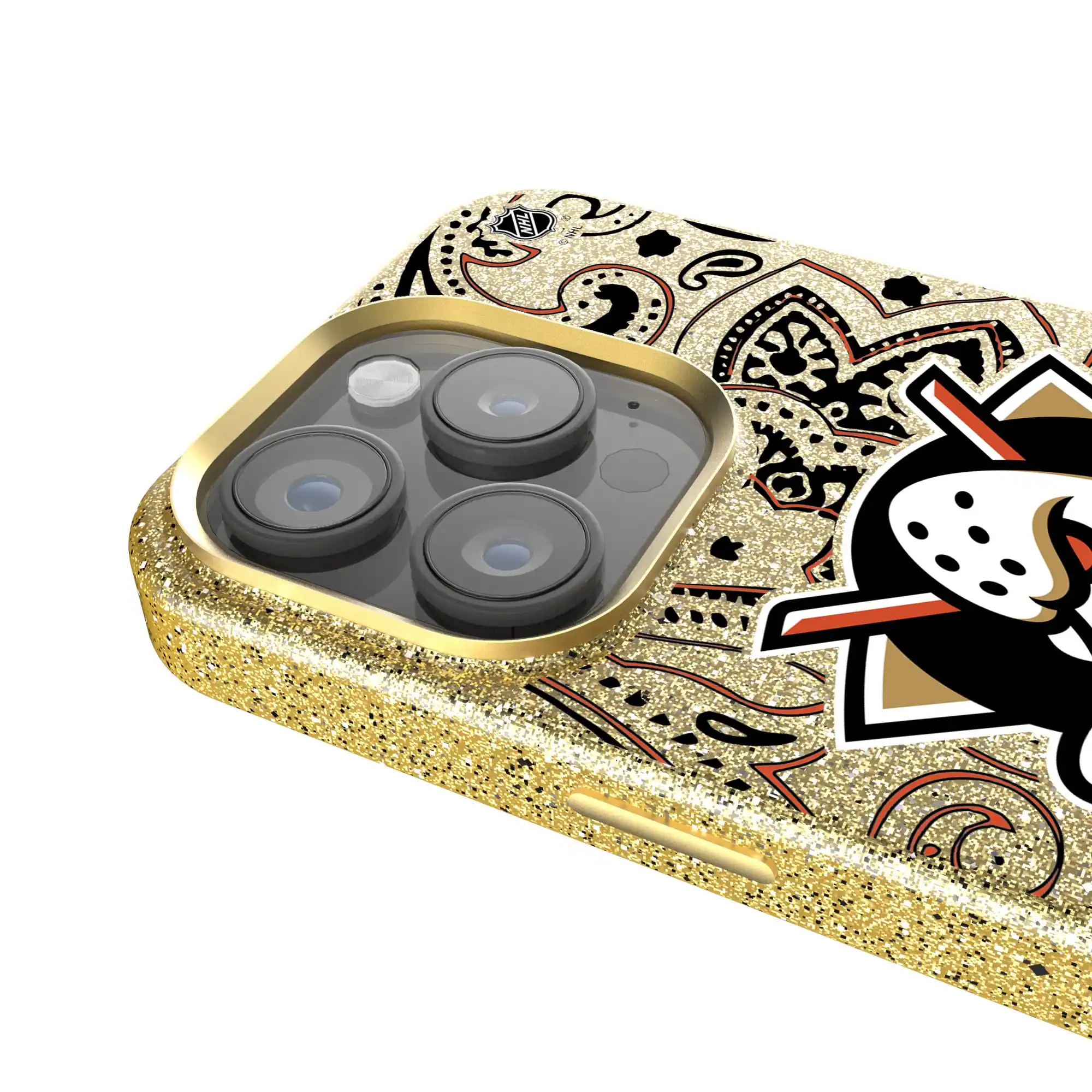 Alt View 3. Keyscaper - Gold Anaheim Ducks Paisley Bling iPhone Case - 14 Pro Max - Gold.