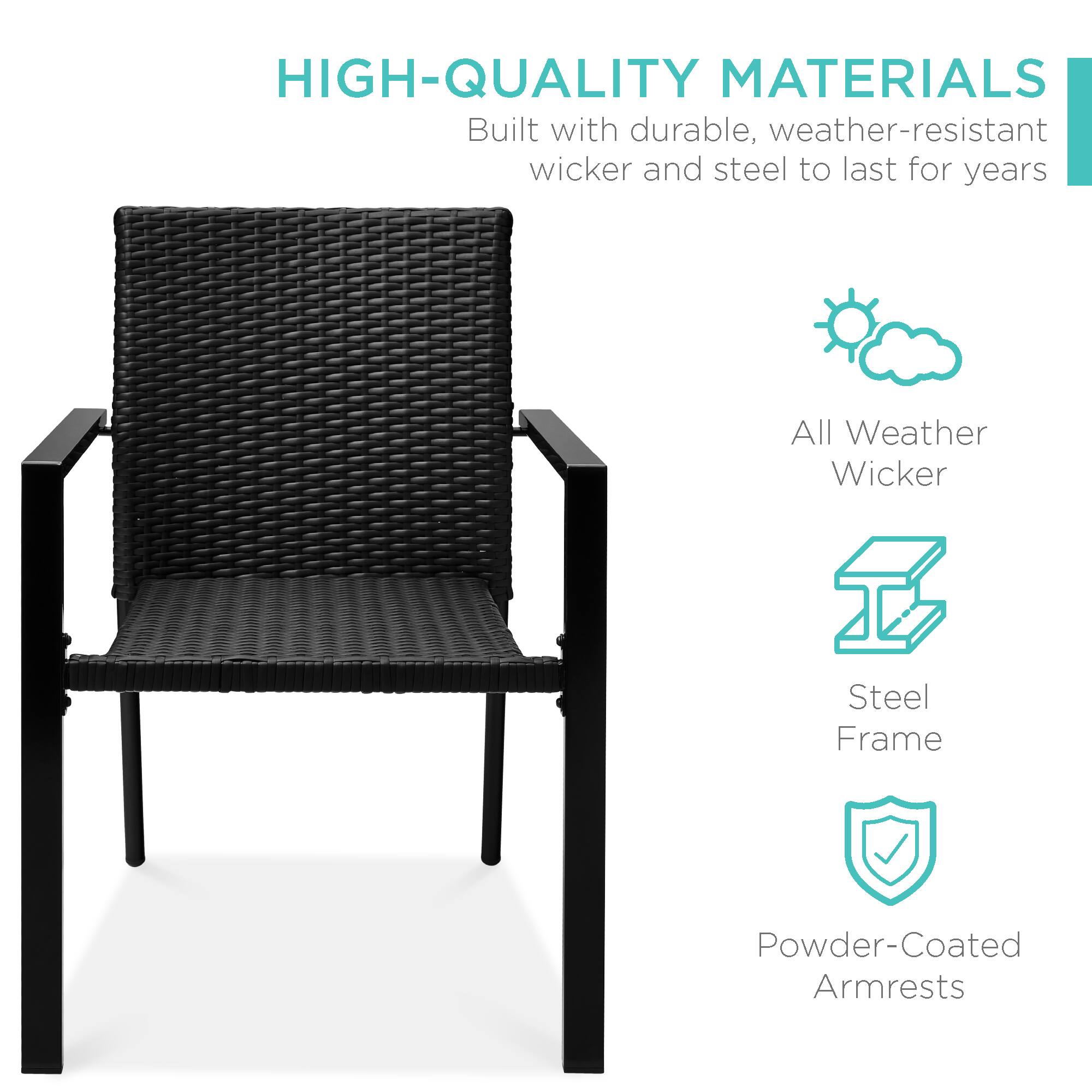 HIGH-QUALITY MATERIALS  
Built with durable, weather-resistant wicker and steel to last for years  

- All Weather Wicker  
- Steel Frame  
- Powder-Coated Armrests