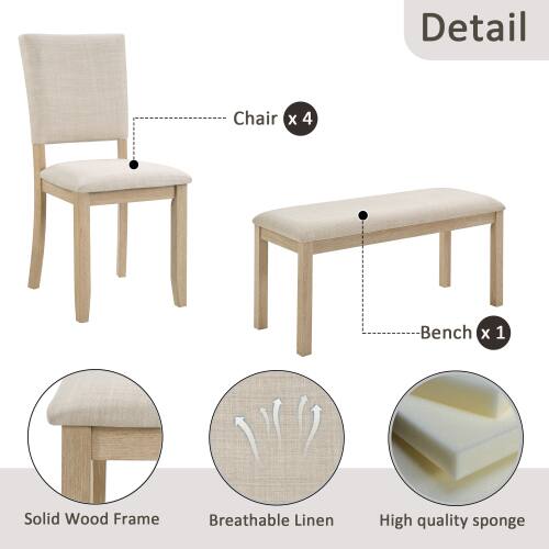 Detail  
Chair x 4  
Bench x 1  
Solid Wood Frame  
Breathable Linen  
High quality sponge