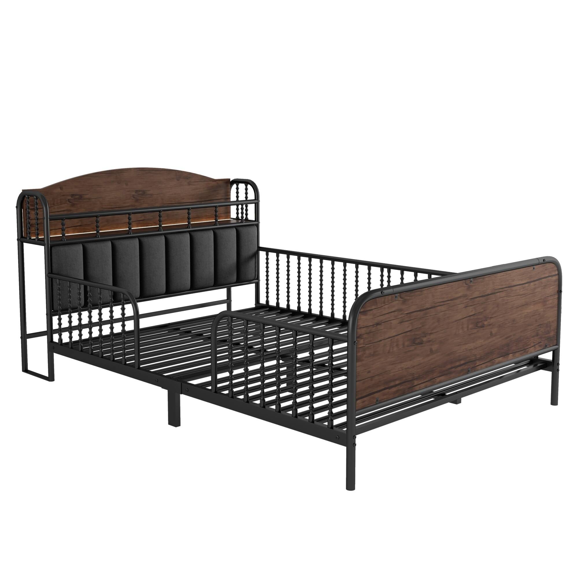 Alt View 5. GOODSILO - Full Size Metal Platform Bed Frame with LED Lighting and Upholstered Storage Headboard - Black.