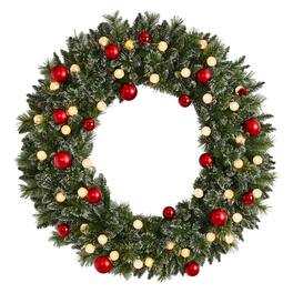BreeBe - 4' Xmas Pre-Lit Wreath w/Ornaments, 40 LED Lights & 360 Tips - Multicolor