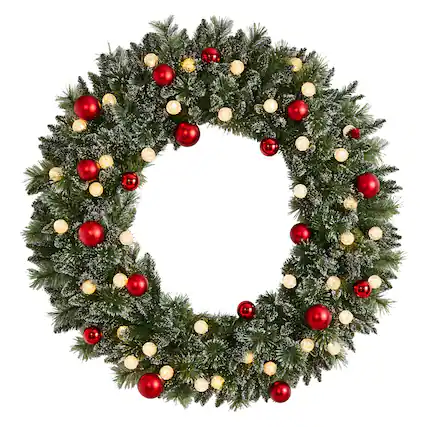 Front. BreeBe - 4' Xmas Pre-Lit Wreath w/Ornaments, 40 LED Lights & 360 Tips - Multicolor.