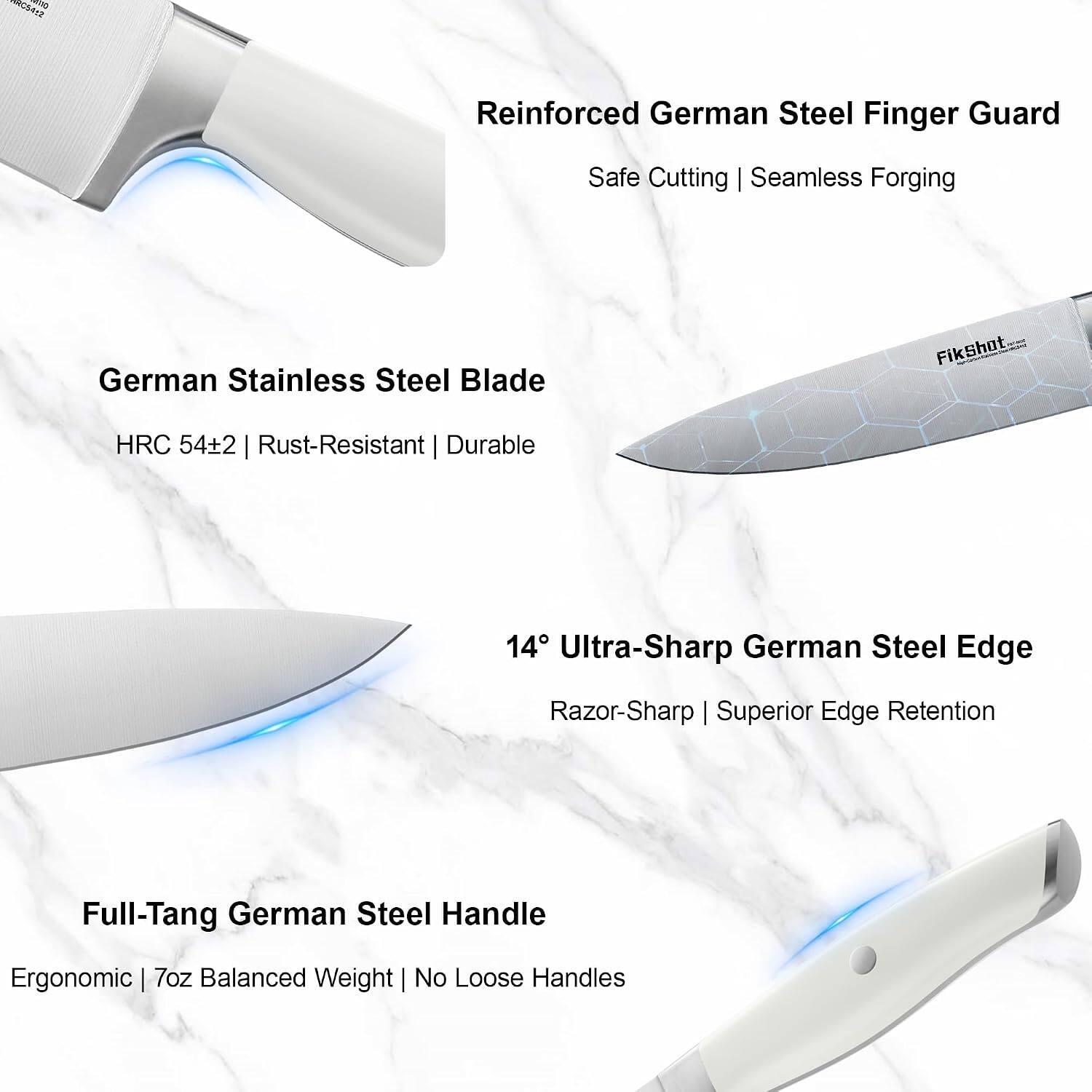 - RECOME OFF
- Reinforced German Steel Finger Guard
- Safe Cutting | Seamless Forging
- German Stainless Steel Blade
- HRC 54±2 Rust-Resistant Durable
- 14" Ultra-Sharp German Steel Edge
- Razor-Sharp | Superior Edge Retention
- Full-Tang German Steel Handle
- Ergonomic | 7oz Balanced Weight | No Loose Handles
