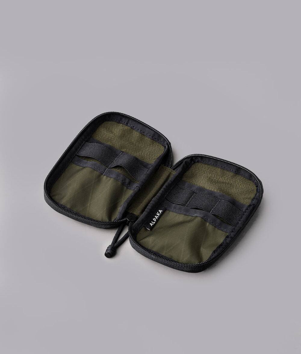 Angle. ALPAKA - EDC Organizer Pouch with 6 Slip Pockets, 5 Elastic Loops, YKK AquaGuard Zipper, X-Pac/Axogrid, HUB Compatible - Olive Green X-Pac X42.