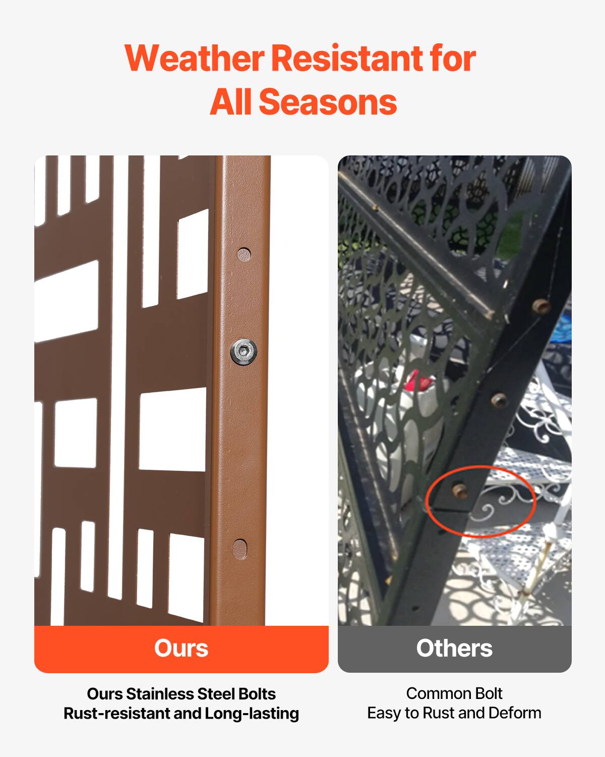 Weather Resistant for All Seasons

Ours
Ours Stainless Steel Bolts
Rust-resistant and Long-lasting

Others
Common Bolt
Easy to Rust and Deform