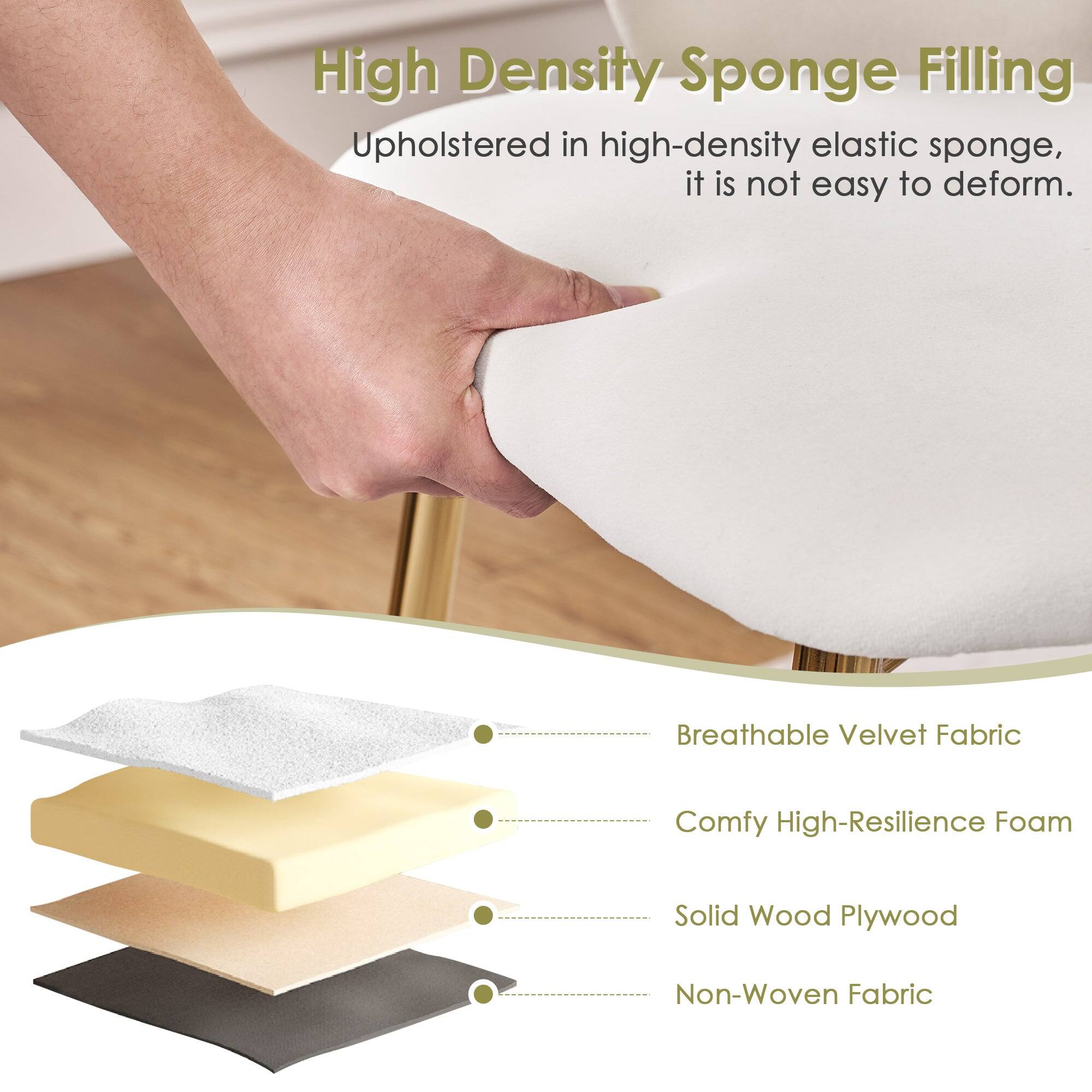 High Density Sponge Filling  
Upholstered in high-density elastic sponge, it is not easy to deform.  

Breathable Velvet Fabric  
Comfy High-Resilience Foam  
Solid Wood Plywood  
Non-Woven Fabric