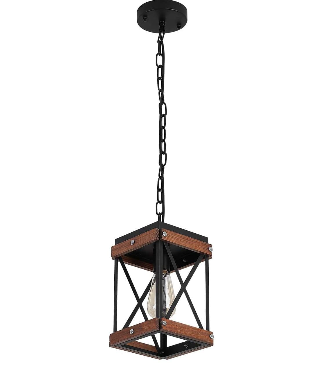 FINEAK - Antique White Distressed Pendant Light - Wood & Metal Cage, Adjustable Chain Rustic Mini Fixture (1-Light) - Brown;Black