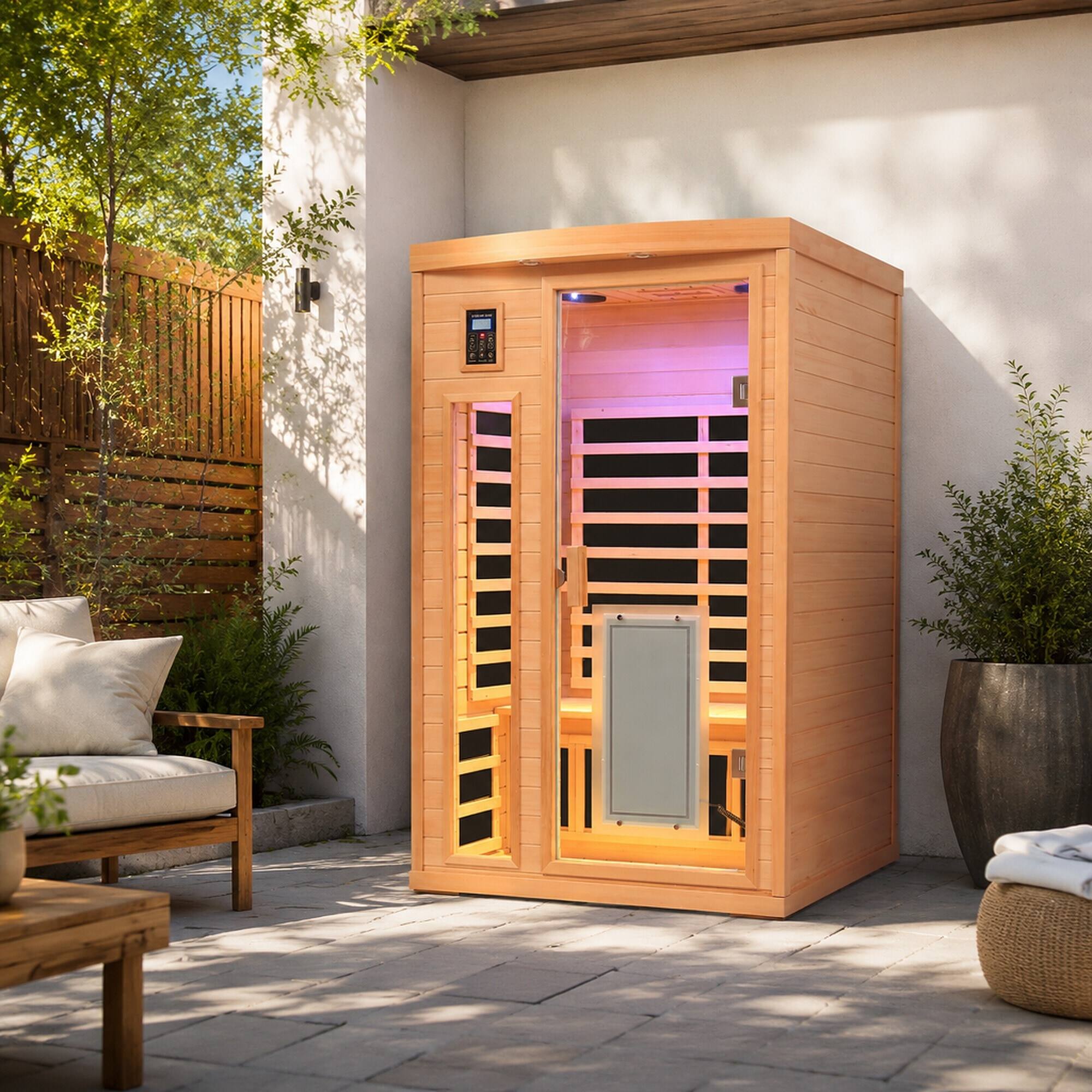 Left. RYHNUYNE - Far-Infrared 2-Person Indoor Sauna, Hemlock Wood, 8 Heating Panels, 1750W, Low EMF, Bluetooth Audio, 47.2 in Wide - Natural Wood.