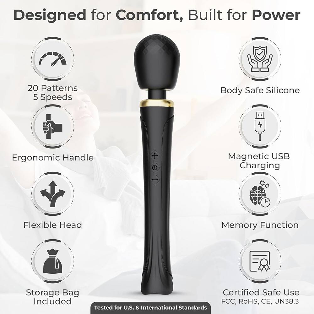Designed for Comfort, Built for Power

- 20 Patterns
- 5 Speeds
- Ergonomic Handle
- Flexible Head
- Storage Bag Included
- Body Safe Silicone
- Magnetic USB Charging
- Memory Function
- Certified Safe Use (FCC, RoHS, CE, UN38.3)
- Tested for U.S. & International Standards