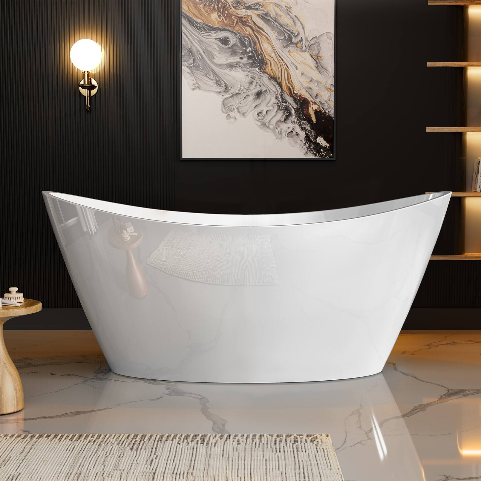 Angle. Empava - 67 in. x 29.5 in. Freestanding Flat Bottom Bath Tub Oval Soaking Bathtub with Center Drain - White.