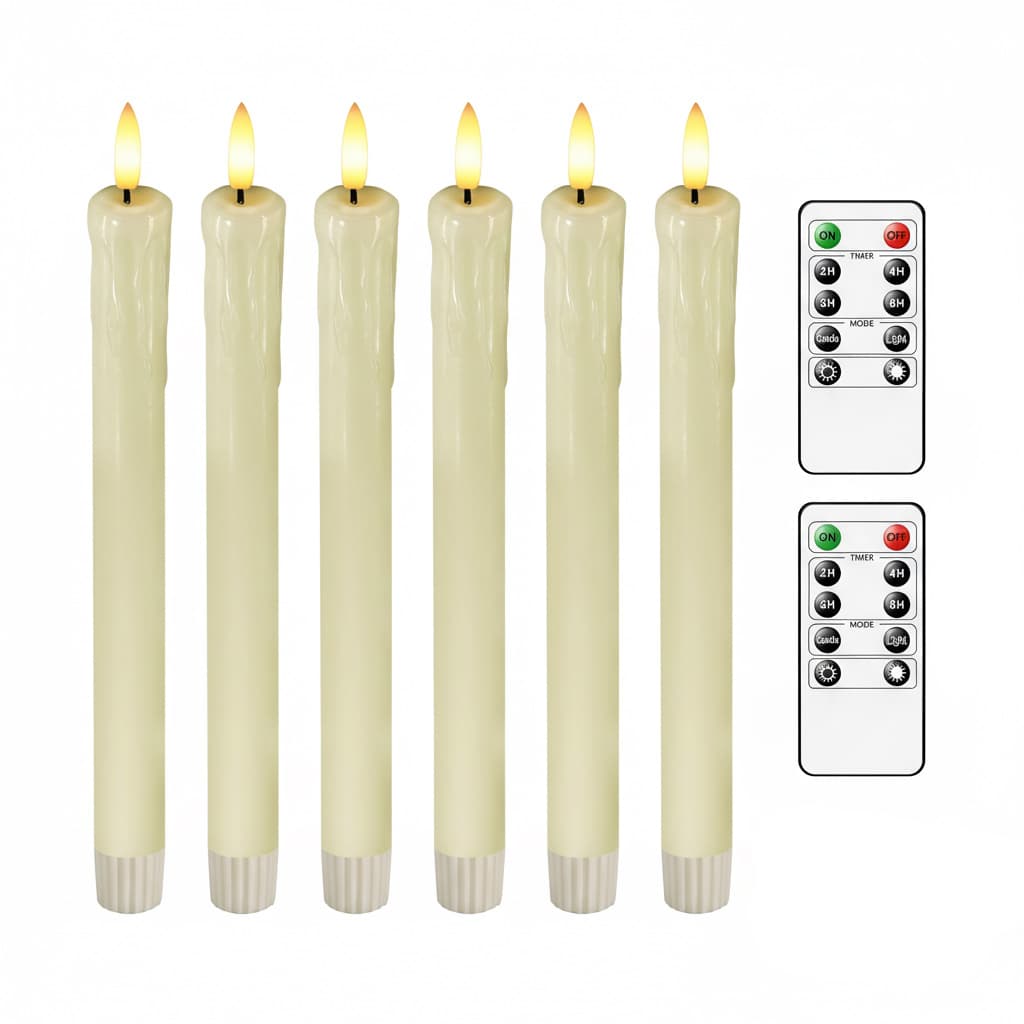 FINEAK - 6 Pack Flameless Taper Candles, 9.5 - inch, Battery: Operated, with Remote Control - Ivory