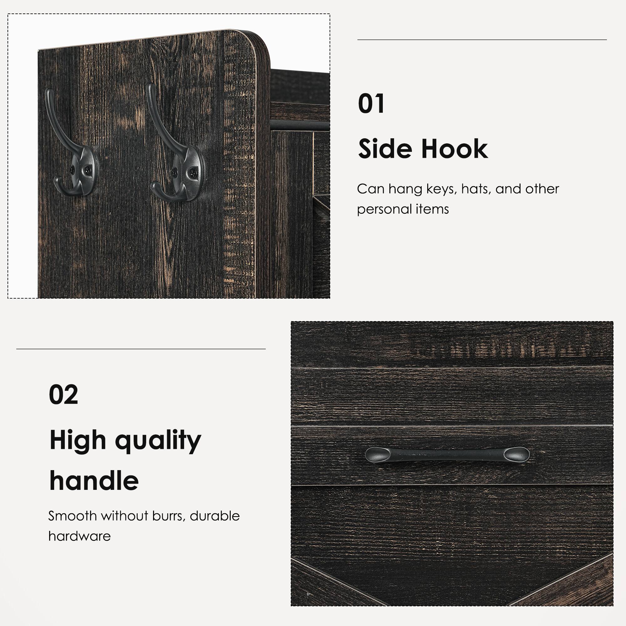 01 Side Hook  
Can hang keys, hats, and other personal items  

02 High quality handle  
Smooth without burrs, durable hardware