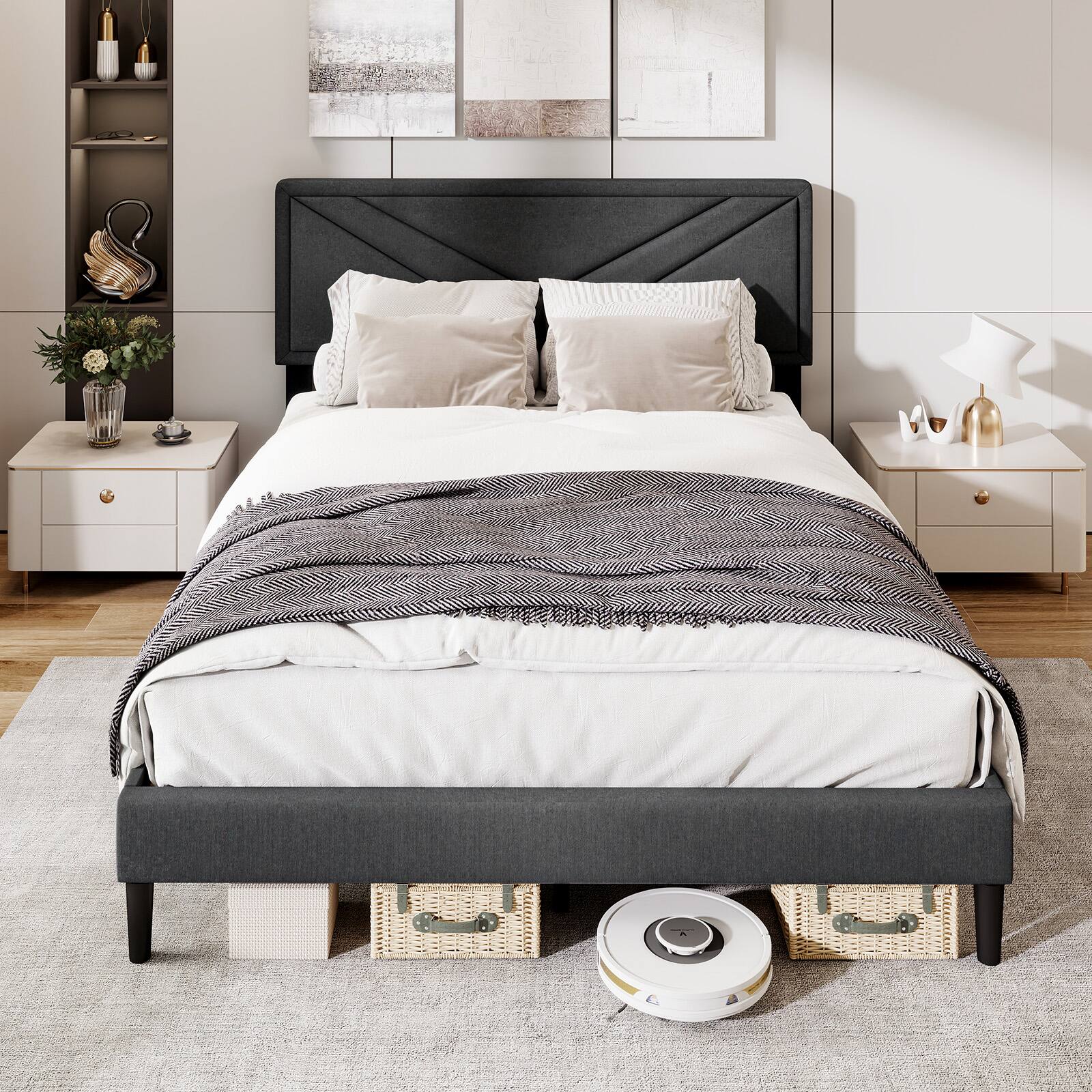 Alt View 3. Gymax - Gymax Queen Size Bed Frame w/ Tufted Headboard & Wooden Slats Easy Assembly - Gray.