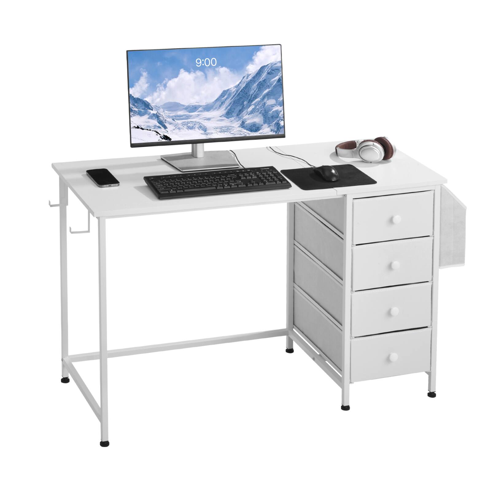 Front. VEVOR - Computer Desk with Fabric Drawers, 47 Inch Reversible Study Work Writing Desk for Modern Home Office Bedroom - White.