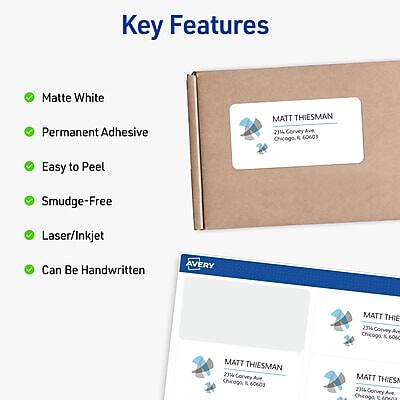 Key Features

- Matte White
- Permanent Adhesive
- Easy to Peel
- Smudge-Free
- Laser/Inkjet
- Can Be Handwritten

MATT THIESMAN  
2114 Corvey Ave  
Chicago, IL 60603

MATT THIESMAN  
2114 Corvey Ave  
Chicago, IL 60603