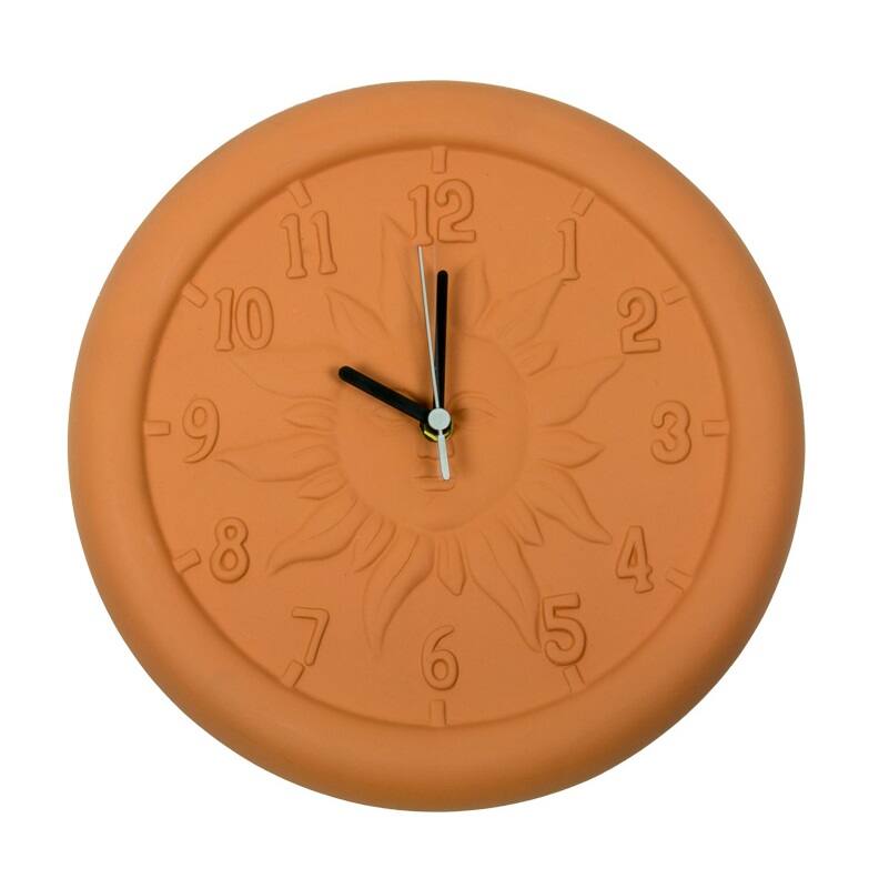 Front. Swim Central - 12" Terra Cotta Embossed Sun Indoor or Outdoor Wall Clock - Orange.