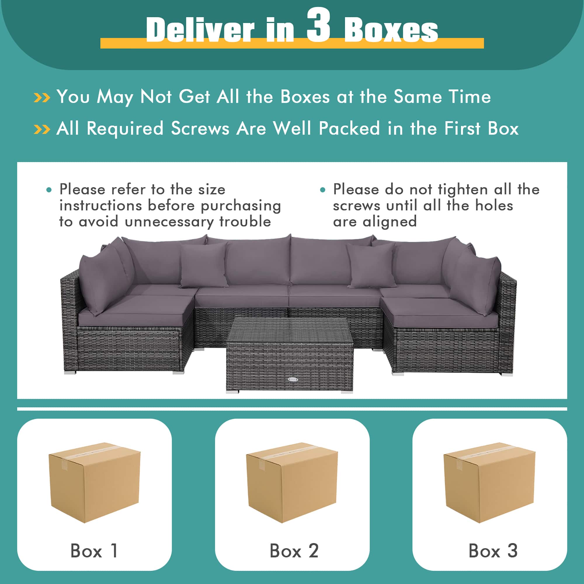 Deliver in 3 Boxes: You May Not Get All the Boxes at the Same Time. All Required Screws Are Well Packed in the First Box. Please refer to the size instructions before purchasing to avoid unnecessary trouble. Please do not tighten all the screws until all the holes are aligned. Box 1, Box 2, Box 3.