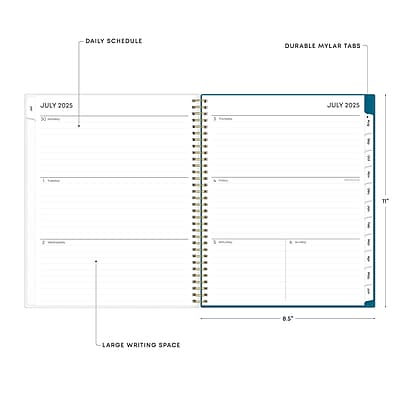 DAILY SCHEDULE  
JULY 2025  

DURABLE MYLAR TABS  

LARGE WRITING SPACE  

8.5"