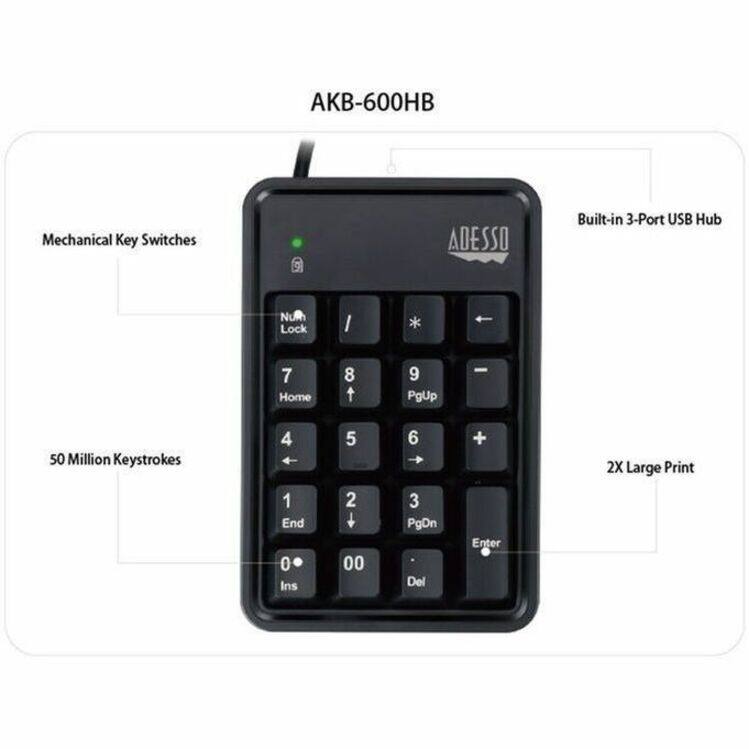 AKB-600HB Mechanical Key Switches  
ADESSO Built-in 3-Port USB Hub  
Num Lock  
Home 8 t 9 PgUp  
50 Million Keystrokes  
4 1 End 0 Ins  
5 2 00 6 3 PgDn Del + Enter  
2X Large Print