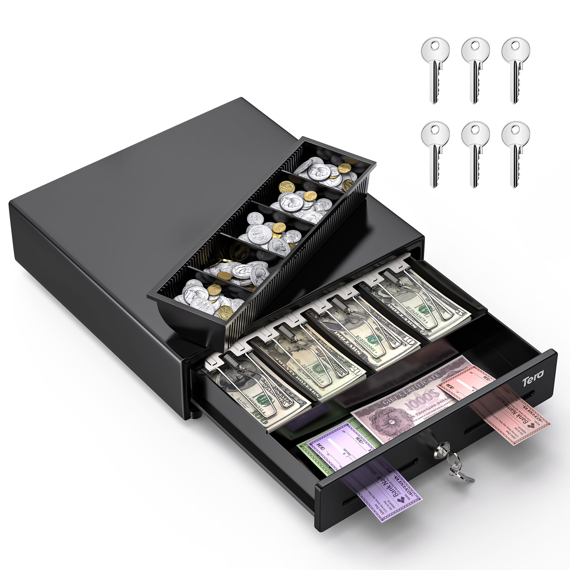 Tera - Cash Register Drawer 13": 4 Bill 5 Coin 2 Media Slots for POS, 330G - Black