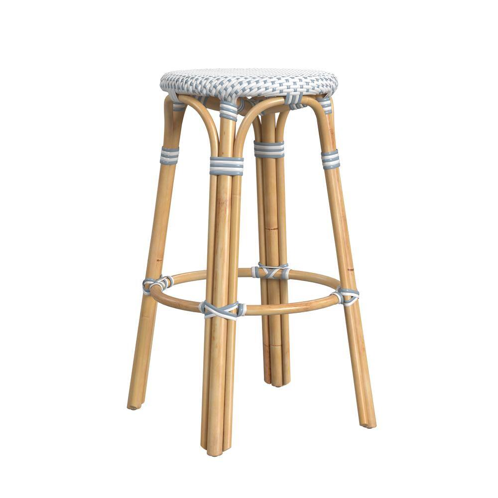 Alt View 1. Butler Specialty - Tobias Round Rattan 30" Bar Stool, White and Sky Blue Dot - White And Sky Blue Dot.