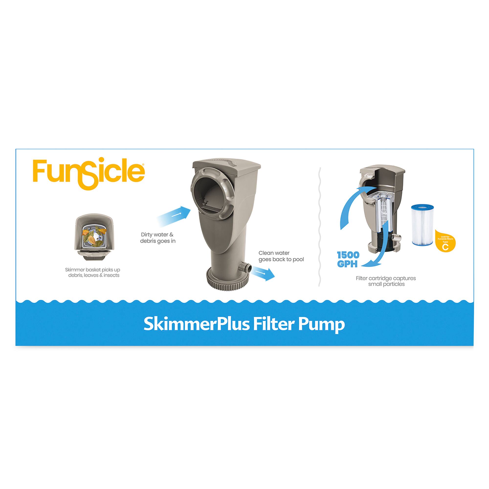 FunSicle  
SkimmerPlus Filter Pump  

Skimmer basket picks up debris, leaves & insects  

Dirty water & debris goes in  
Clean water goes back to pool  

1500 GPH  
Filter cartridge captures small particles