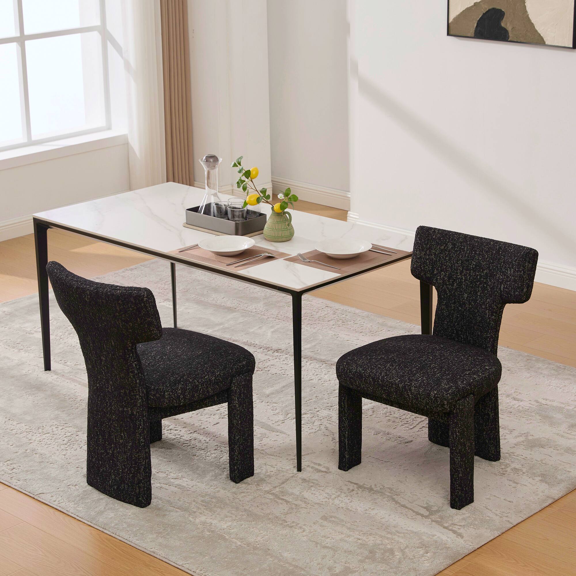 Angle. Lirago - 22 Inch Modern Upholstered Chenille Dining Chairs Set of 2 Armless Curved Back Rubberwood Legs - Black+Grey.