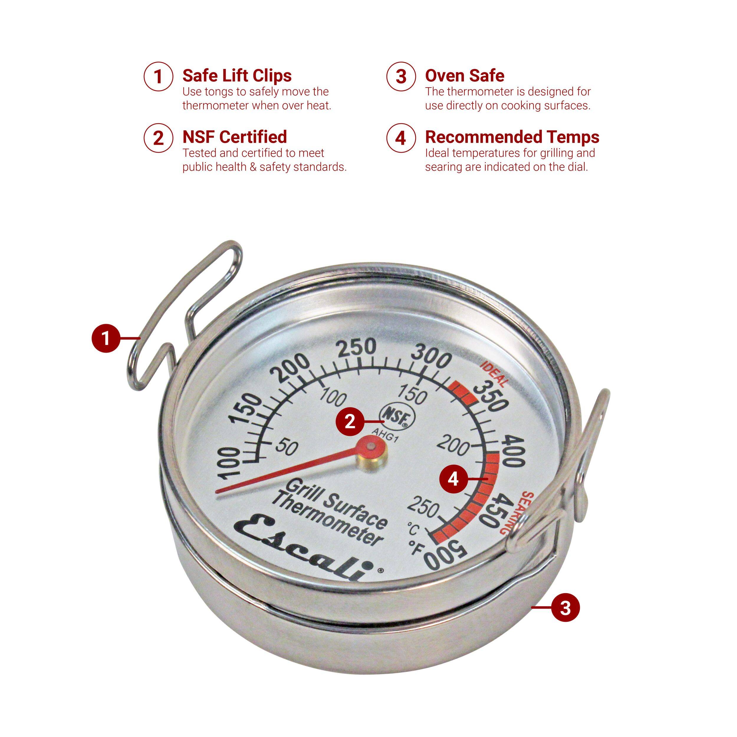 1. Safe Lift Clips: Use tongs to safely move the thermometer when over heat.
2. NSF Certified: Tested and certified to meet public health & safety standards.
3. Oven Safe: The thermometer is designed for use directly on cooking surfaces.
4. Recommended Temps: Ideal temperatures for grilling and searing are indicated on the dial.