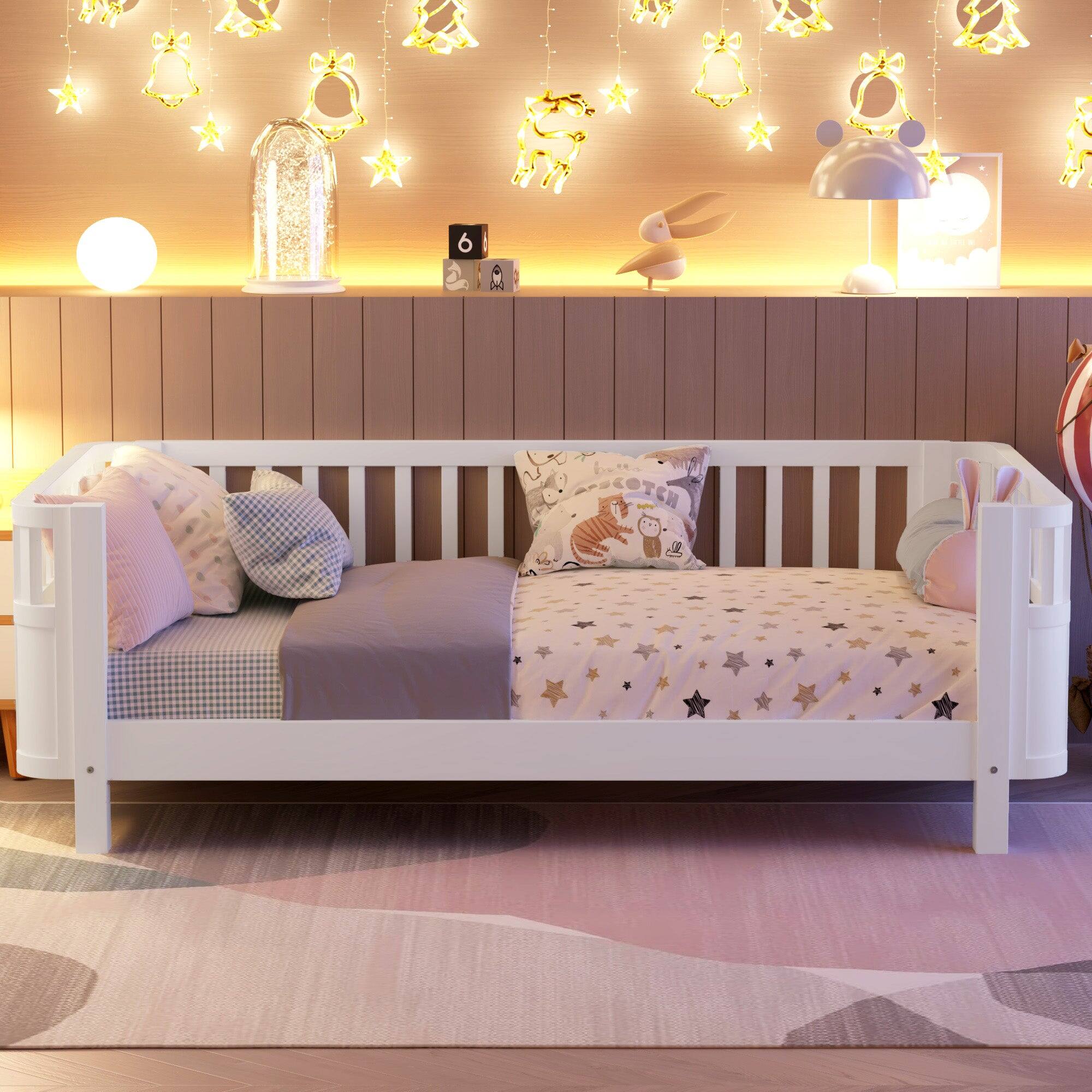 Alt View 2. Boyel Living - Twin Size Wood Platform Bed for Kids with Low Profile and Safety Rails, White (Patented Design) - White.