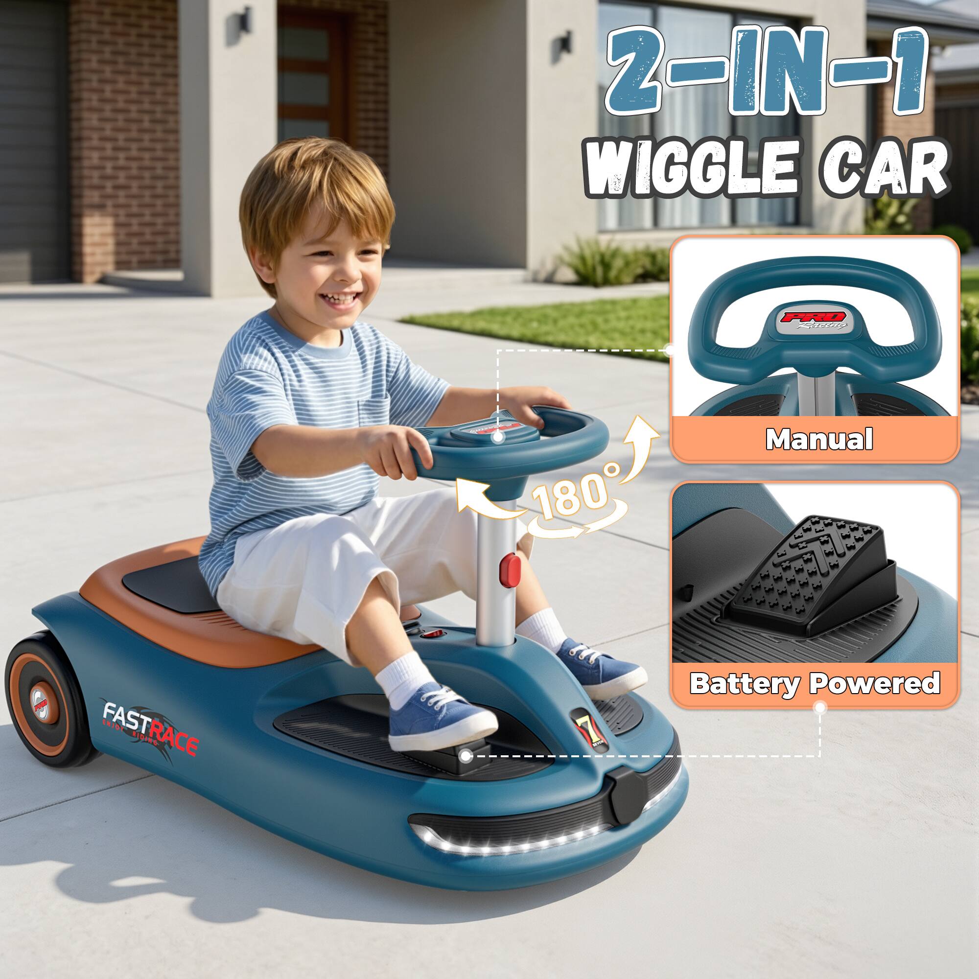 2-IN-1 WIGGLE CAR  
PRO Racing  
180  
Manual  
FASTRACE RIDING  
7  
Battery Powered