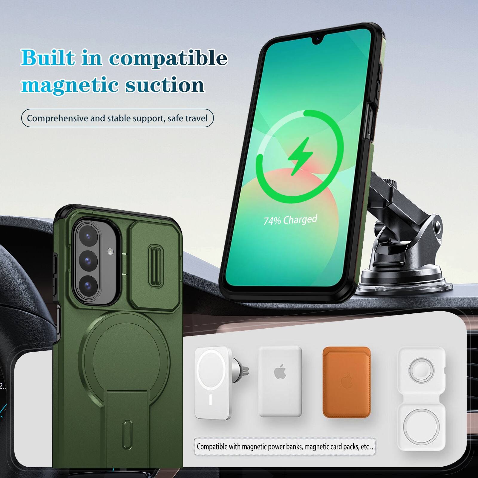 Built in compatible magnetic suction  
Comprehensive and stable support, safe travel  
74% Charged  
Compatible with magnetic power banks, magnetic card packs, etc.