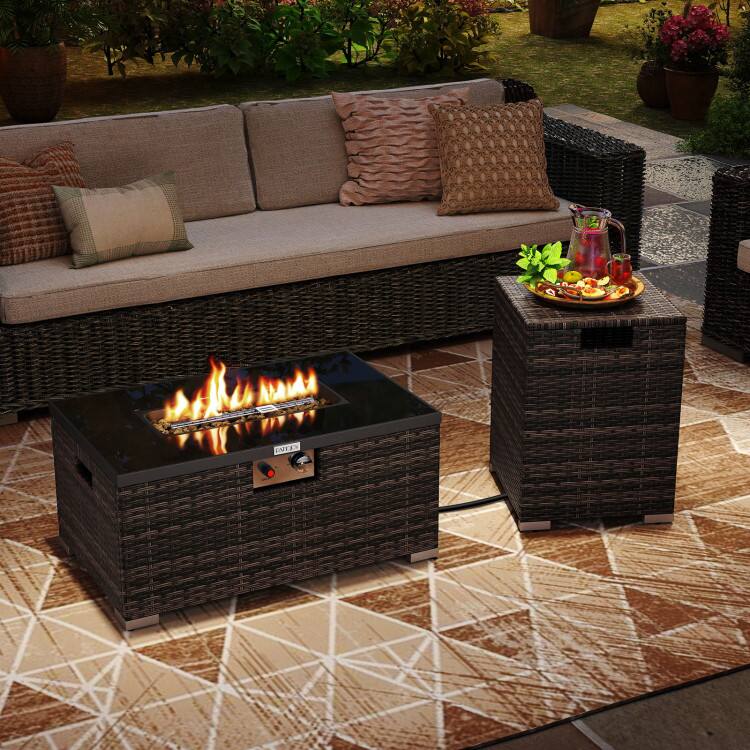 Left. Mondawe - 2-Piece Outdoor Rattan Fire Table Set 32 Inch Rectangle Propane Firepit with Tank Cover - Brown.