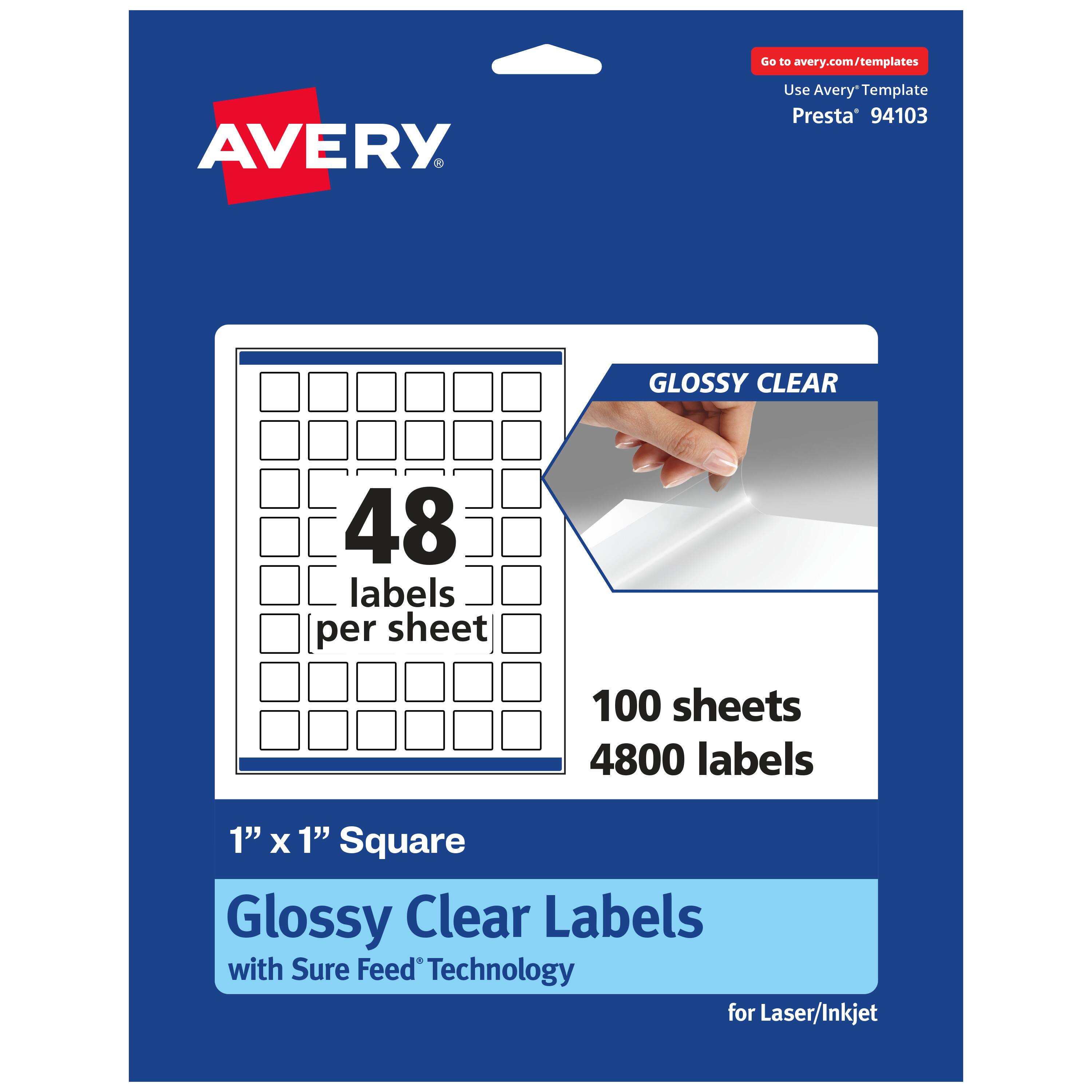 Go to avery.com/templates

AVERY

Use Avery Template Presta* 94103

GLOSSY CLEAR

48 labels per sheet

100 sheets

4800 labels

1" x 1" Square

Glossy Clear Labels

with Sure Feed* Technology

for Laser/Inkjet