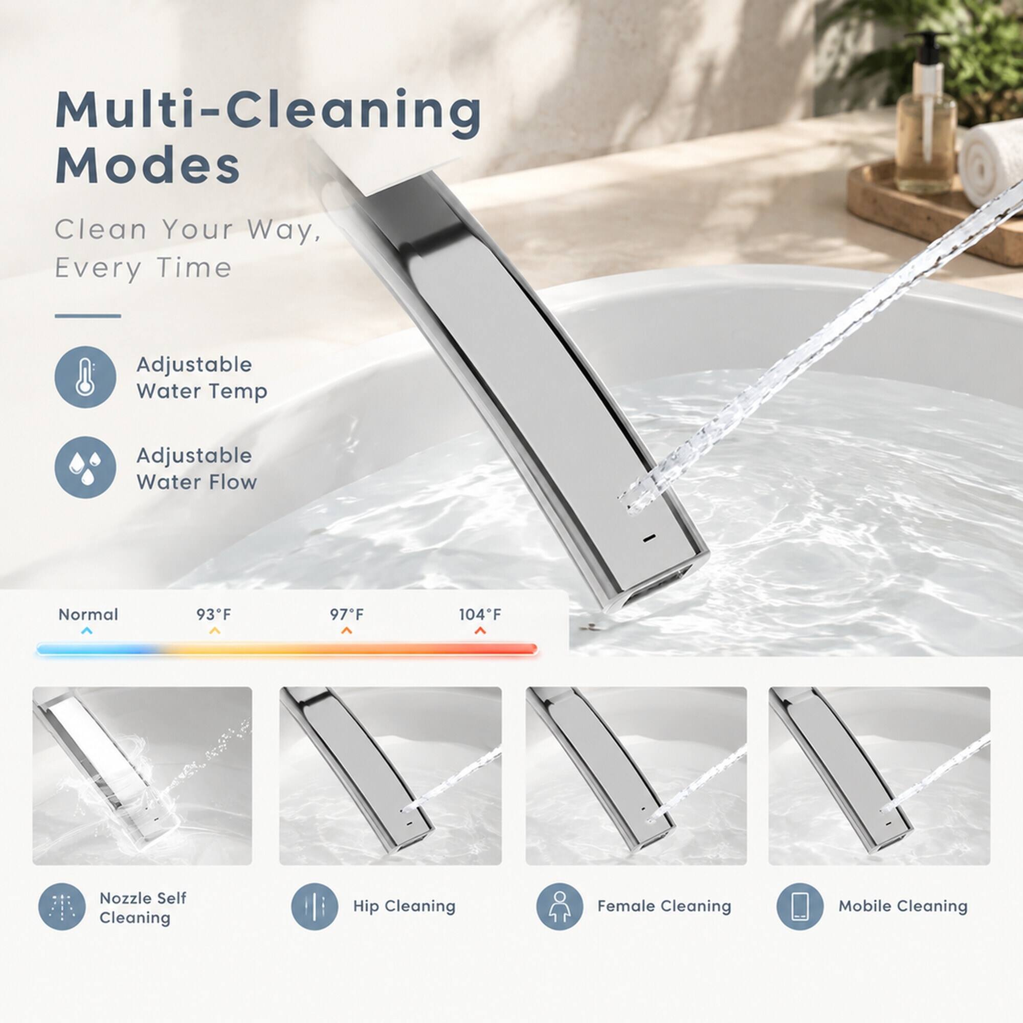 Multi-Cleaning Modes  
Clean Your Way, Every Time  

Adjustable Water Temp  
Adjustable Water Flow  

Normal  
93°F  
97°F  
104°F  

Nozzle Self Cleaning  
Hip Cleaning  
Female Cleaning  
Mobile Cleaning