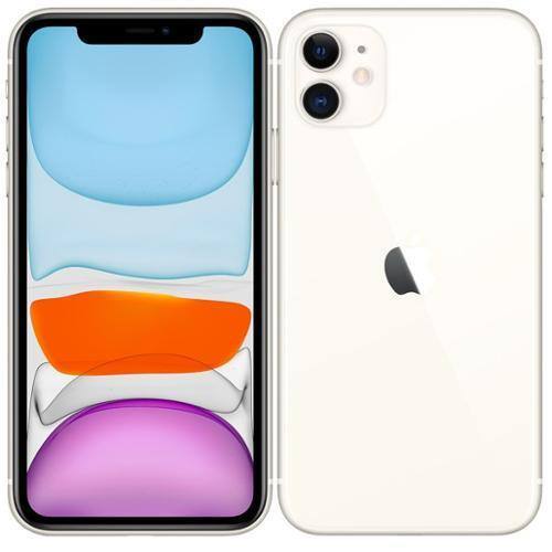 Left. Apple - iPhone 11 A2111 (Fully Unlocked) 128GB w/ Pre-Installed Tempered Glass and Bluetooth Earbuds - White.