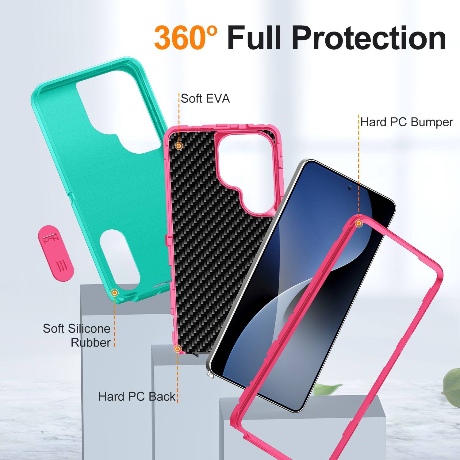 360° Full Protection

- Soft EVA
- Hard PC Bumper
- Soft Silicone Rubber
- Hard PC Back