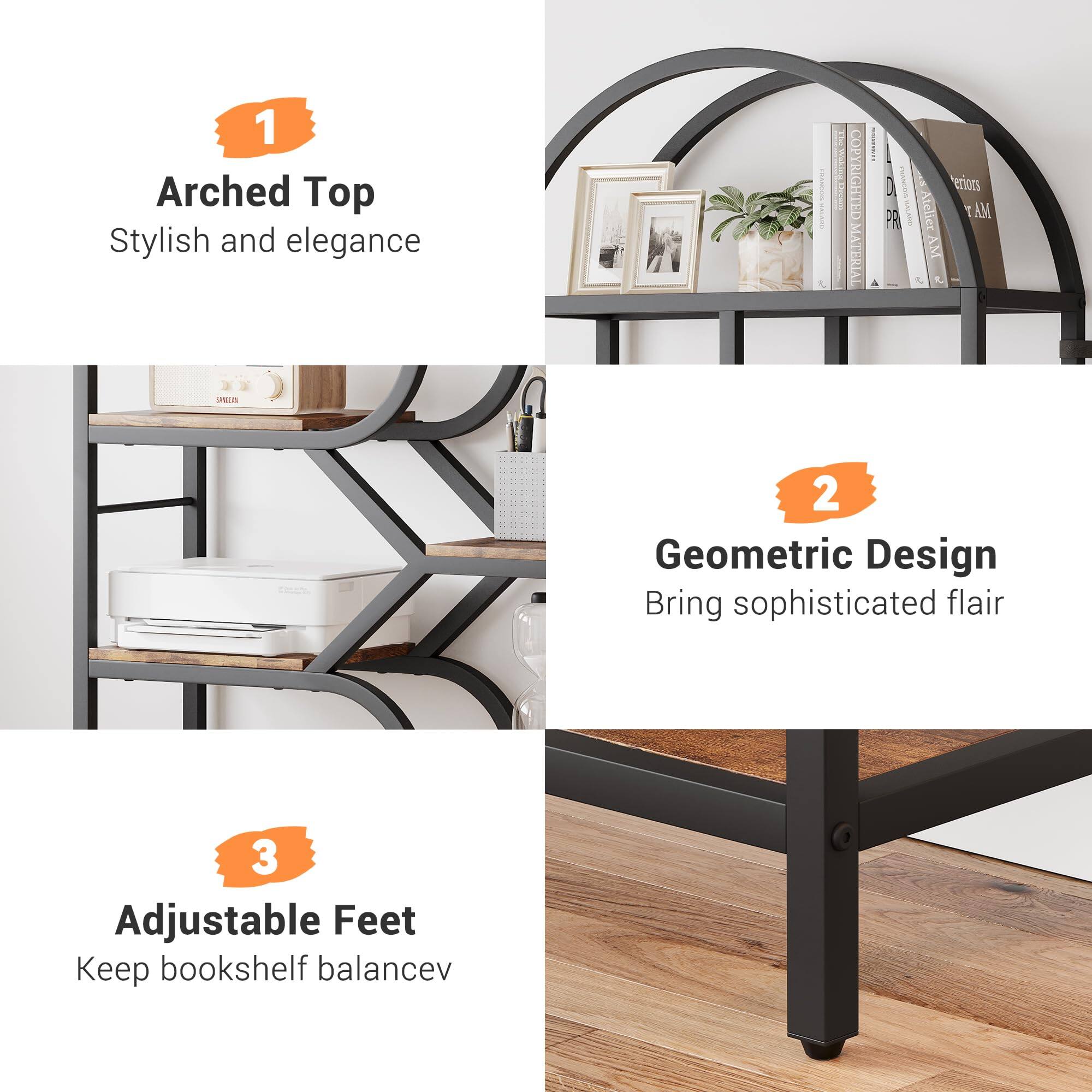 1. Arched Top  
   Stylish and elegance

2. Geometric Design  
   Bring sophisticated flair

3. Adjustable Feet  
   Keep bookshelf balance