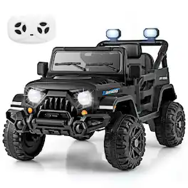 Costway - 12V Kids Ride on Truck Car w/Remote Control, Threaded Wheels 3 Speeds LED Lights - Black