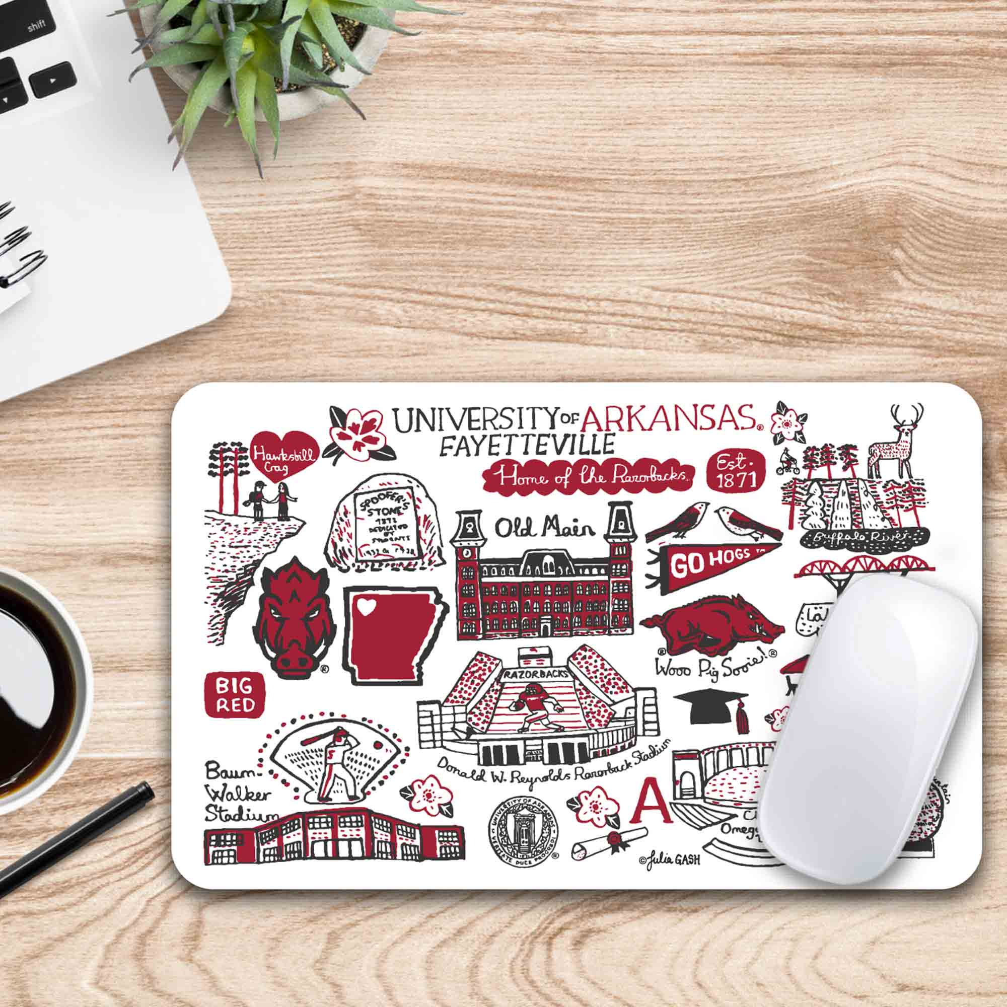 UNIVERSITY OF ARKANSAS  
FAYETTEVILLE  
Home of the Razorbacks  
Est. 1871  

Hauterbill Crag  
Old Main  
GO HOGS  
RAZORBACK  
Woo Pig Sooie!  
Donald W. Reynolds Razorback Stadium  
Baum-Walker Stadium  
BIG RED  
Omega  
@julia GASH